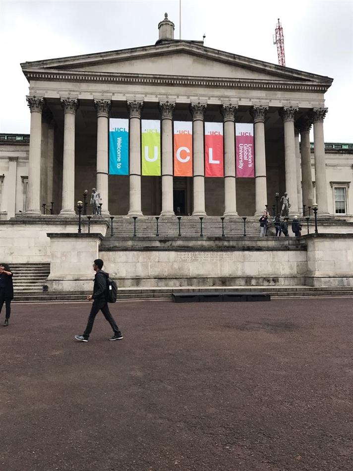 The UCL main building with Welcome to UCL banners